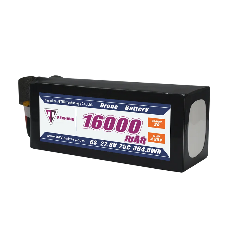 Black rechargeable lithium ion drone battery pack with label 16000 mAh 6S