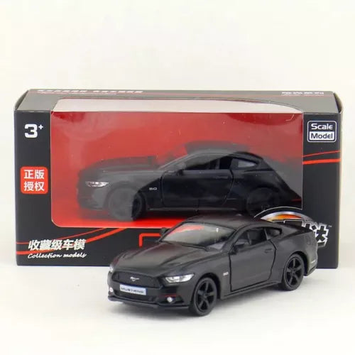 Diecast toy car model replica, black sports car with silver grille, in retail box