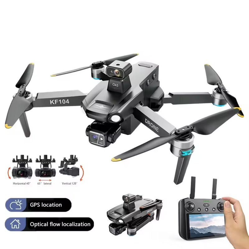 Gray quadcopter drone with 3-axis gimbal camera, propellers, and foldable arms