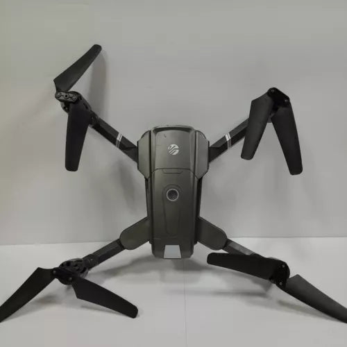 Foldable quadcopter video drone with four black propeller arms and front camera module