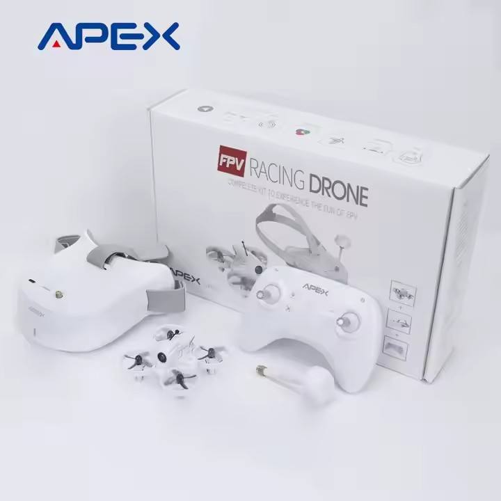 FPV racing drone set with white controller, small quadcopter, and box