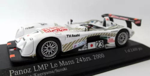 1/43 scale diecast race car model, white and black Panoz LMP roadster