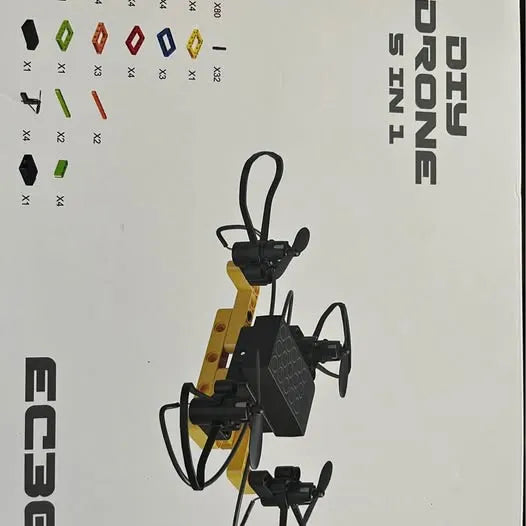 Yellow and black quadcopter drone with four propellers and front camera mount