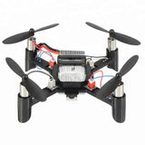 Mini DIY quadcopter drone with four propellers and exposed electronics, black body