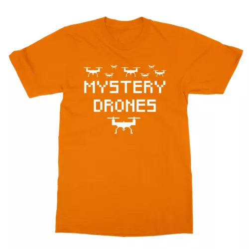 Orange unisex tee with white pixel drone graphic: MYSTERY DRONES.