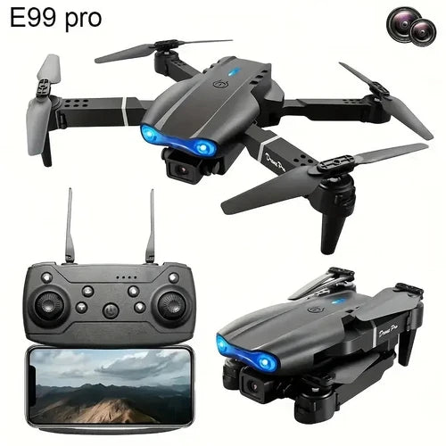 Gray dual-camera quadcopter drone with blue LED lights and foldable propellers, plus controller