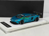 Blue sports car diecast model with open-wheel styling on display base