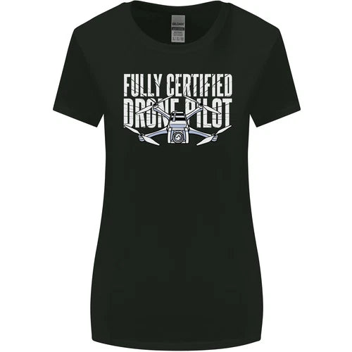 Womens wide-cut T-shirt, dark green, front drone pilot graphic
