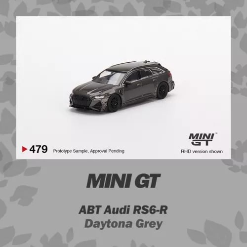 Grey diecast model car of an Audi RS6-R, front three-quarter view