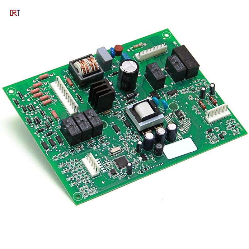 Green drone electronics PCB assembly board with chips, capacitors, and connectors