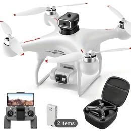 White quadcopter drone with dual cameras, remote controller, and phone screen view