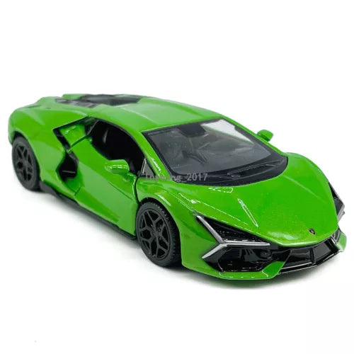 Green 1:36 diecast Lamborghini Revuelto model car with black wheels