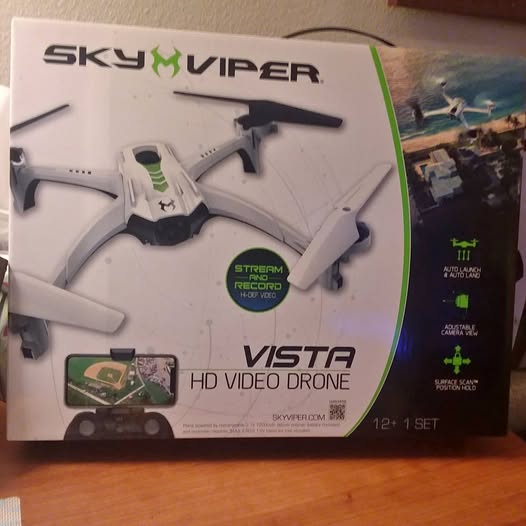 SkyViper VISTA HD video drone box with pictured drone and controller screen