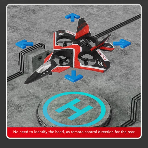 RC jet plane drone with black and red body and blue direction arrows