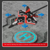 RC jet plane drone with black and red body and blue direction arrows