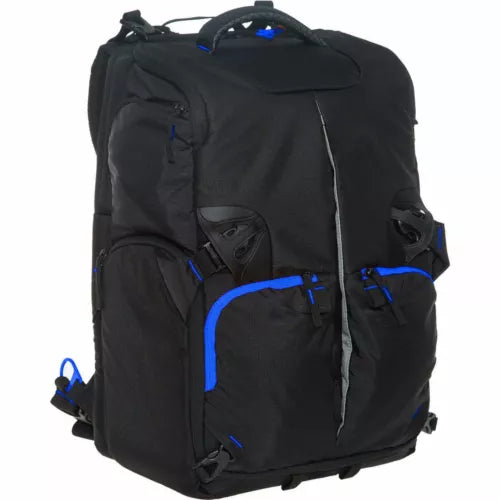 Padded black backpack with blue accents, zip front and adjustable shoulder straps