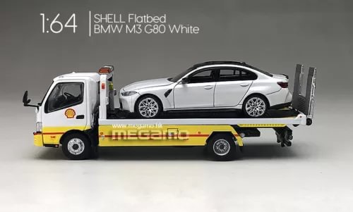 1:64 shell flatbed tow truck diecast with white passenger car on flatbed