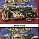 Silver and black diecast motorcycle toy model with chrome engine and black seat