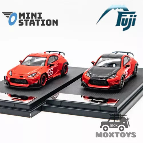 Mini Station x Fuji 1:64 diecast GR86 model cars, red, two-front view