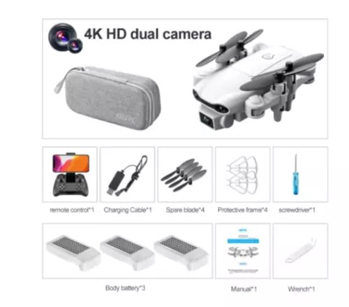 White quadcopter drone with dual cameras and four propellers, shown with controller