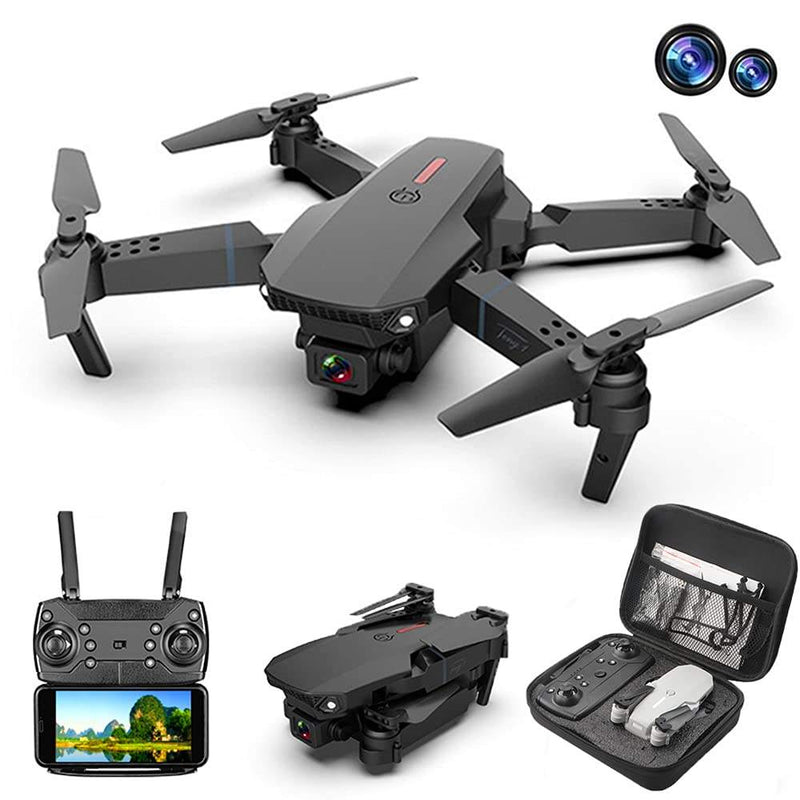 Foldable quadcopter drone with dual cameras, remote controller screen, and carrying case