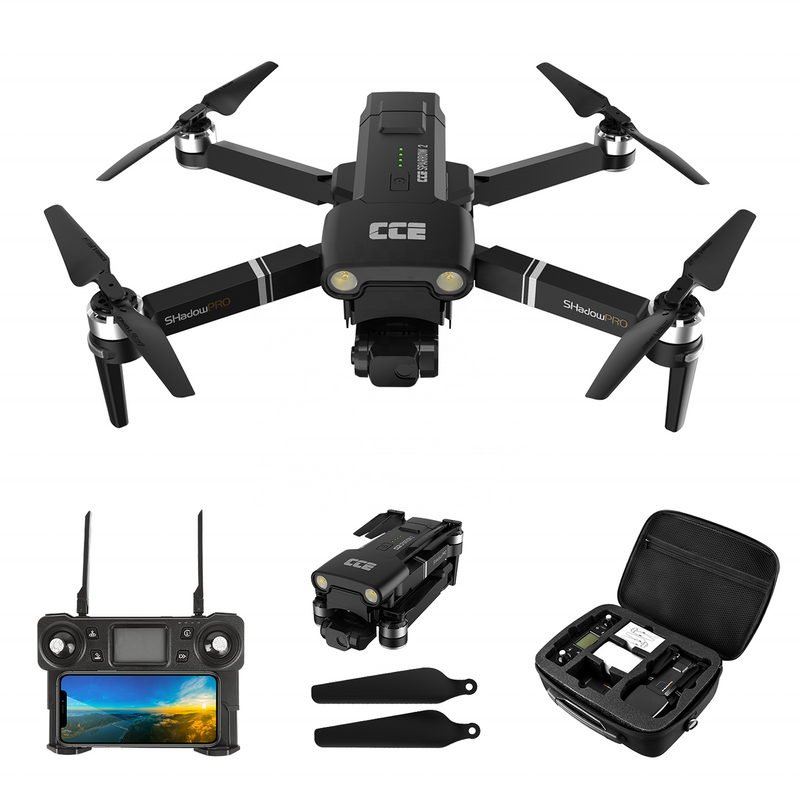 Black quadcopter drone with camera, remote controller, and carrying case