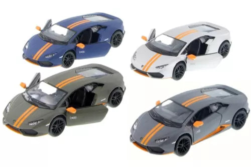 1:36 diecast toy car set, four Lamborghini-style cars with orange racing stripes