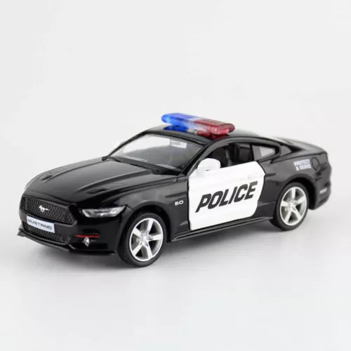 Black police diecast model car with POLICE decal, front view and roof light bar