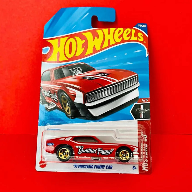 Hot Wheels 1971 Mustang Funny Car diecast on blue blister card, red and white.