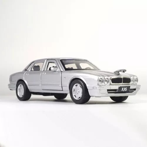 1:36 Jaguar XJ6 silver diecast model car, front view with chrome details