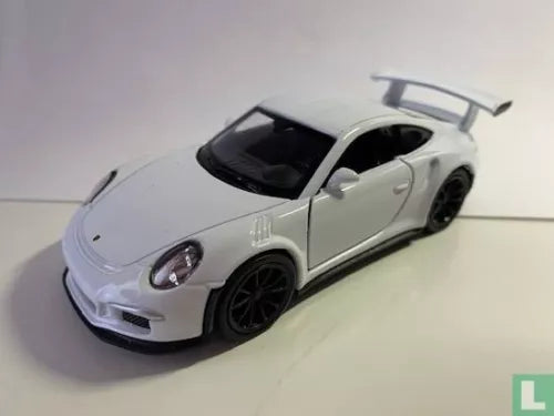 White Porsche 911 GT3 diecast model car with black wheels, front 3/4 view
