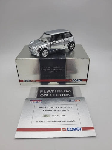 Chrome-plated Mini diecast toy car on Platinum Collection box, Edition label