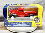 Red diecast pickup truck in retail box, 1:43 scale