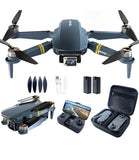 Foldable quadcopter drone with camera, remote controller, phone mount, spare batteries, and case