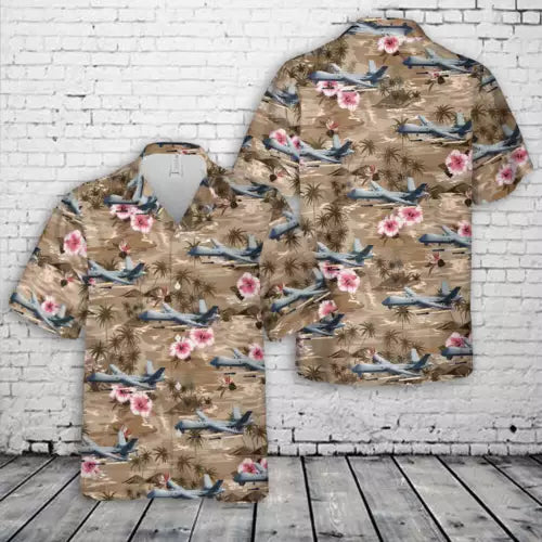 Men’s Hawaiian shirt with blue planes and pink flowers on tan base