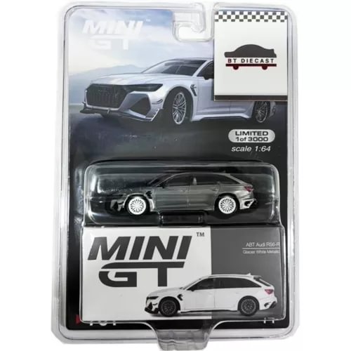 MINI GT diecast model car, dark gray coupe, 1:64 scale, in clear blister pack