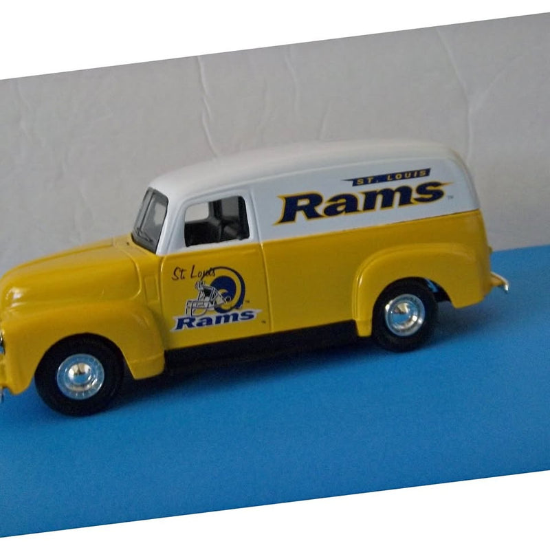 Yellow Rams panel truck coin bank, diecast replica with blue wheels