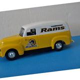 Yellow Rams panel truck coin bank, diecast replica with blue wheels