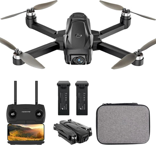GPS camera drone kit with controller, 2 batteries, and carrying case
