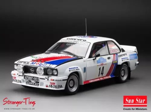 White rally diecast model car with blue stripes, number 14, front three-quarter view.