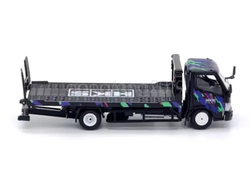 Diecast flatbed tow truck model with dark blue cab and raised towing crane