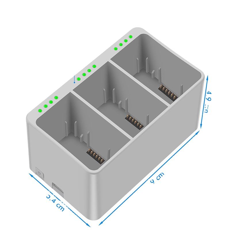 Multi-slot battery charger dock with four charging bays and LED indicators