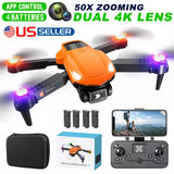Foldable quadcopter drone in orange and black with dual camera and purple LEDs