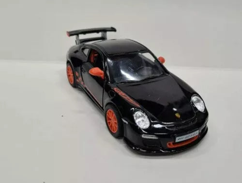Black diecast toy sports car, open doors, front 3/4 view, orange wheels