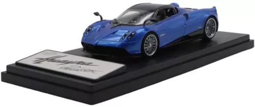 Blue Pagani Huayra Roadster diecast model car on black display base