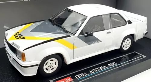 White diecast Opel Ascona 400 street car with black/gray stripes and yellow swoosh.