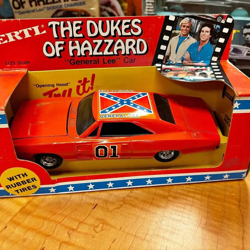 Red diecast toy car in box with General Lee hood graphic and number 01