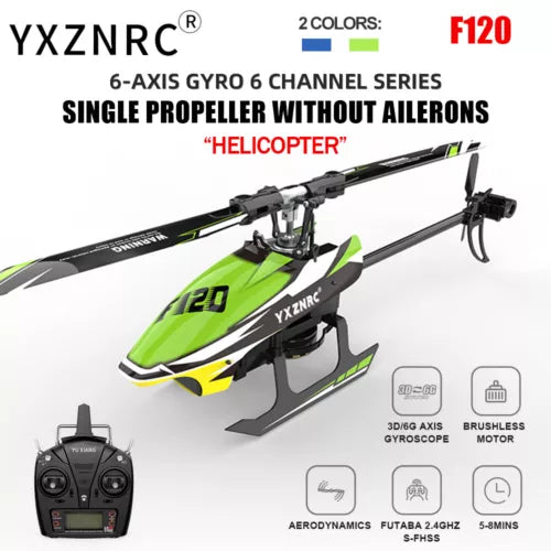RC helicopter drone with green and black body, skids landing gear, 6CH controller