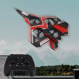 Red and black RC jet plane drone with propeller and black remote controller