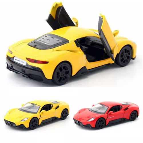 1:36 scale Maserati MC20 yellow diecast pull-back toy car with open doors